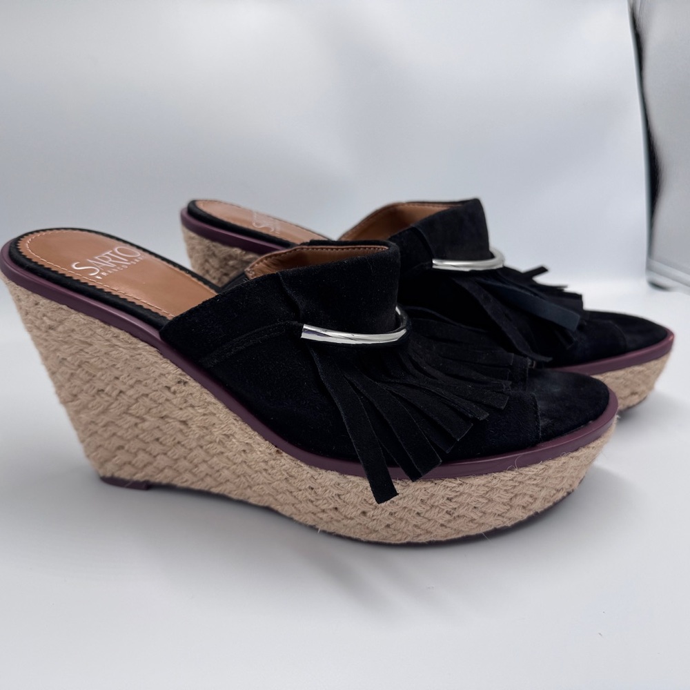 Franco Sarto Candace Black Wedge Mules Fringe Suede Espadrille Slip On Sandals